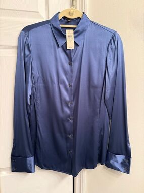 Ann Taylor Satin Button-Front Dress Shirt in Blue